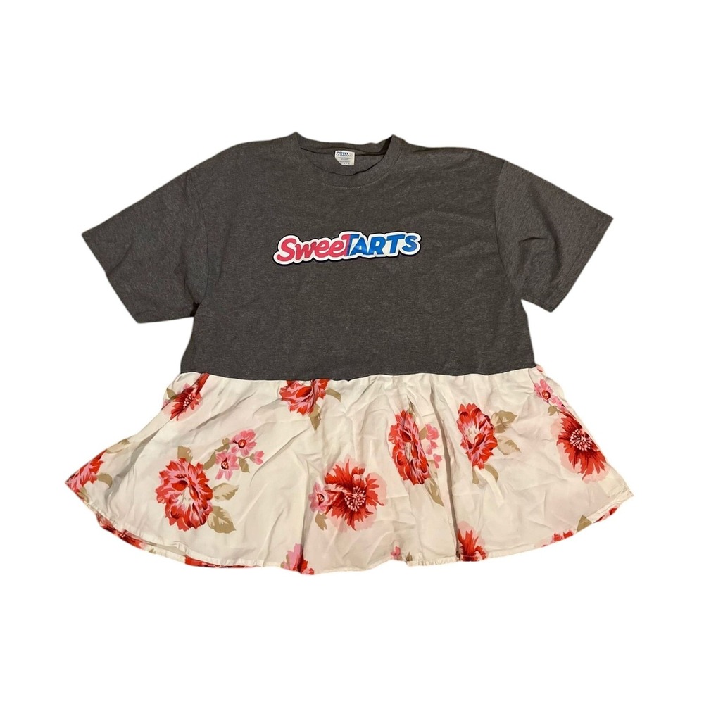 Upcycled SweetTARTS Graphic Tee Dress‎ Floral Skirt Women's L